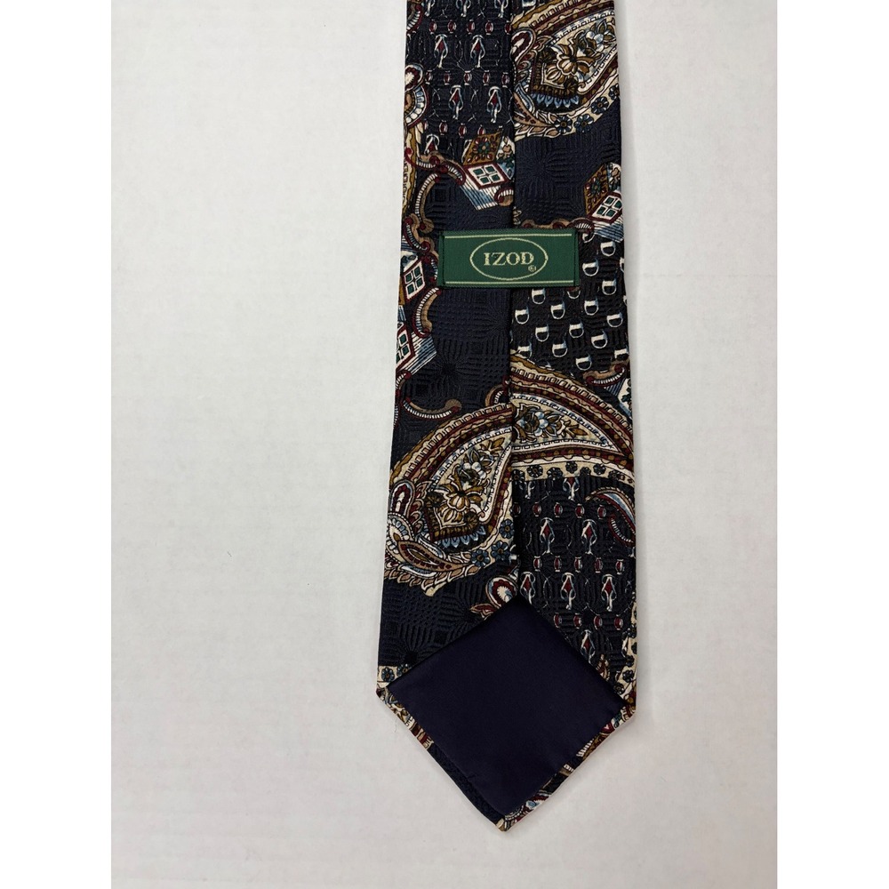 Izod Mens Silk Necktie Navy Blue Paisley Geometric Foulard Print Made in USA - Picture 6 of 9